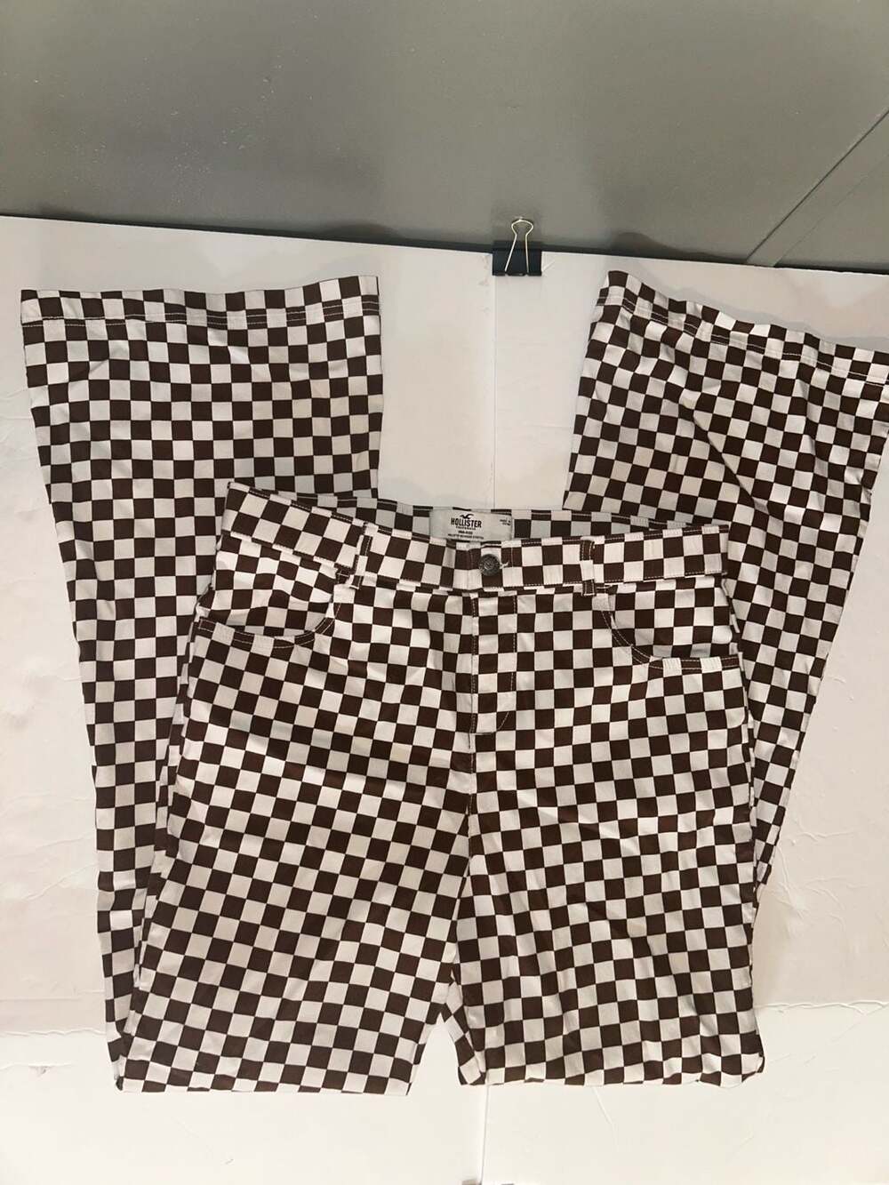 Hollister High-Rise Brown/White Checkered Advanced Stretch Pants, Flare bottom